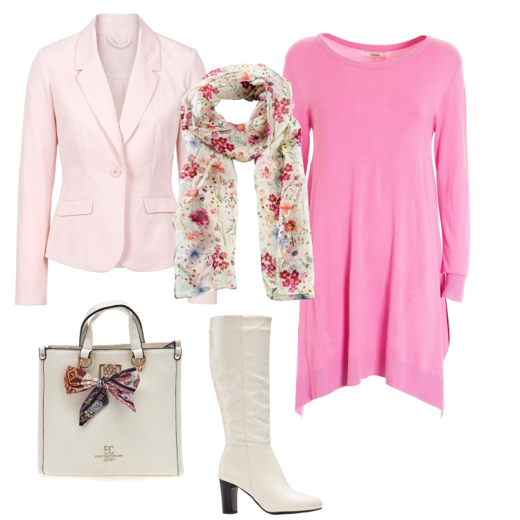 Outfit donna - Casual chic per l ufficio. Stile Casual chic per Ufficio. Abbinamento con blazer, foulard, stivali, vestiti asimmetrici, borse a mano.