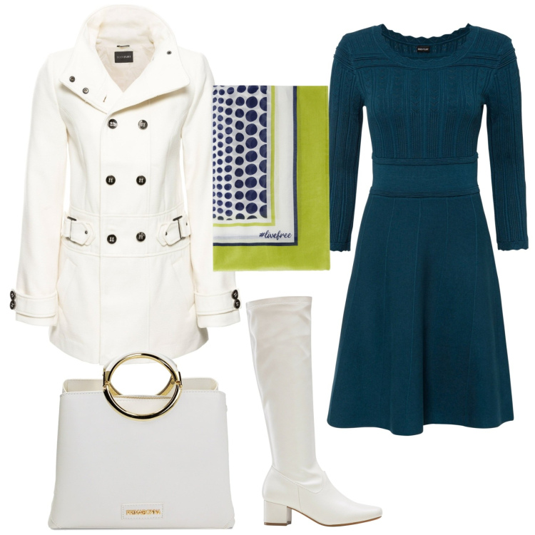Outfit donna - Casual chic per l ufficio. Stile Casual chic per Ufficio. Abbinamento con vestiti, blazer, stivali, borse a mano, foulard.