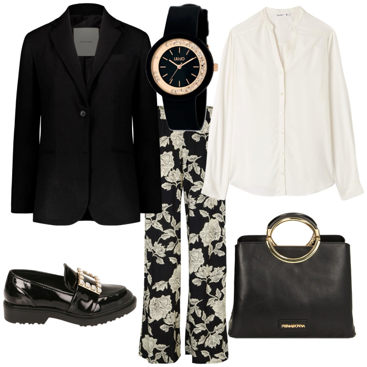 Outfit donna - Casual chic per serata o evento. Stile Casual chic per Serata fuori. Abbinamento con pantaloni a palazzo, orologi, camicie, mocassini, borse a mano, blazer.
