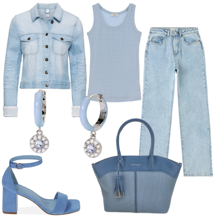 Outfit donna - Giacchetto jeans e jeans per la libertà. Stile Trendy per Tutti i giorni. Abbinamento con blazer, jeans dritti, orecchini, sandali col tacco, top, borse a spalla.