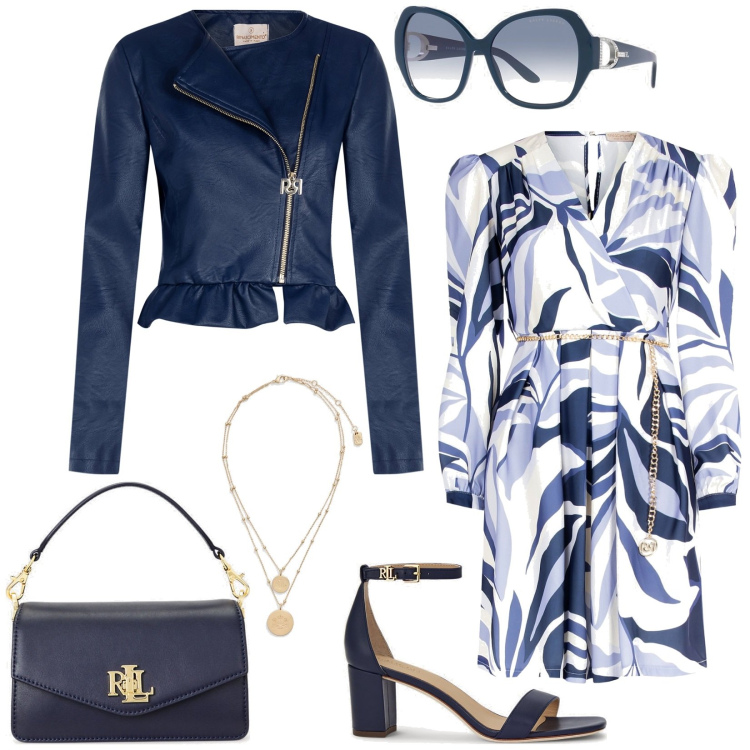 Outfit donna - Cerimonia in blu. Stile Chic per Cerimonia. Abbinamento con blazer, vestiti corti, occhiali da sole, ciondoli, sandali in pelle, borse a tracolla.