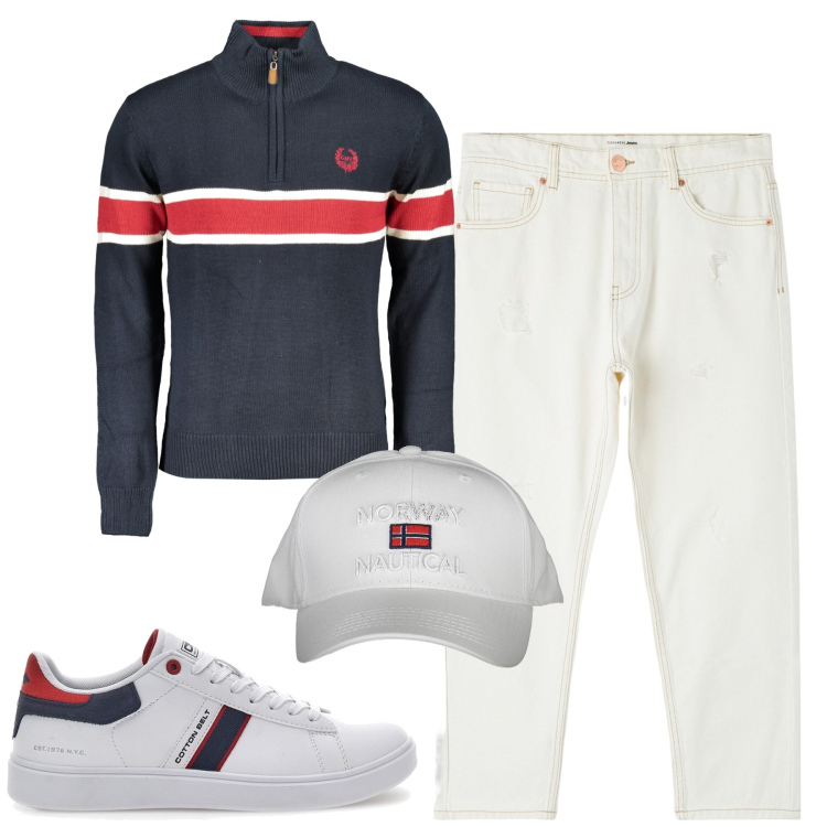 Outfit uomo - City. Stile Casual per Tutti i giorni. Abbinamento con jeans strappati, sneakers, maglieria, cappelli con visiera.