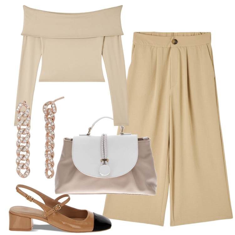 Outfit donna - Total look #1847465. Stile Chic per Ufficio. Abbinamento con pantaloni a palazzo, t-shirt, orecchini, décolleté, borse a mano.