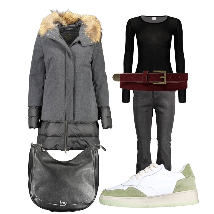Outfit donna - Il mio tempo libero. Stile Casual chic per Tutti i giorni. Abbinamento con maglieria, sneakers, cinture, jeans, piumini, borse a spalla.