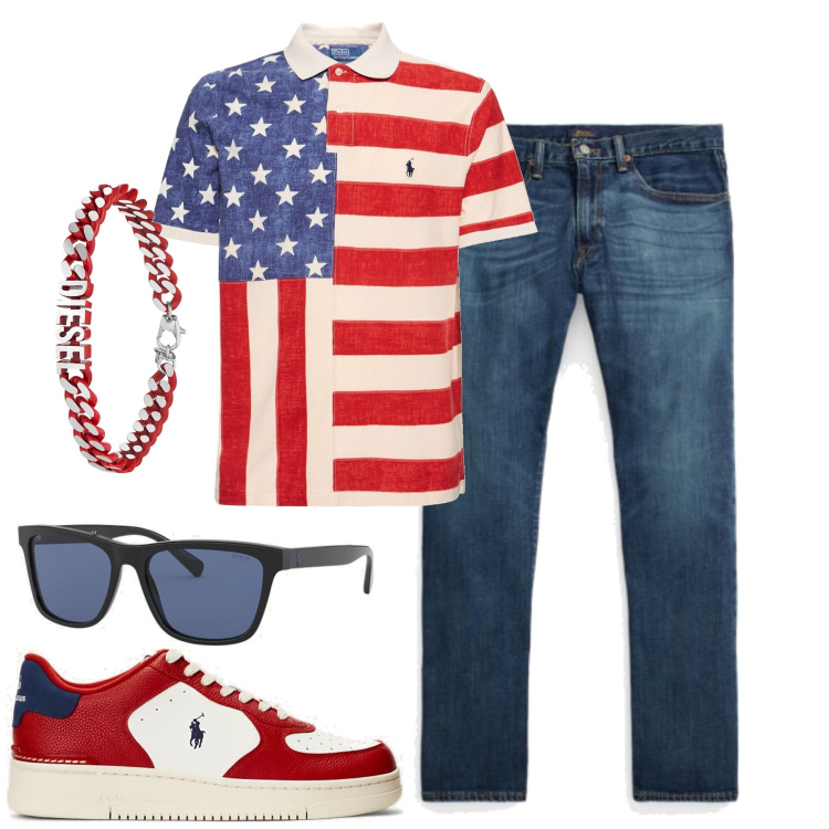 Outfit uomo - City. Stile Urban per Tutti i giorni. Abbinamento con braccialetti, jeans dritti, sneakers, occhiali da sole, polo.