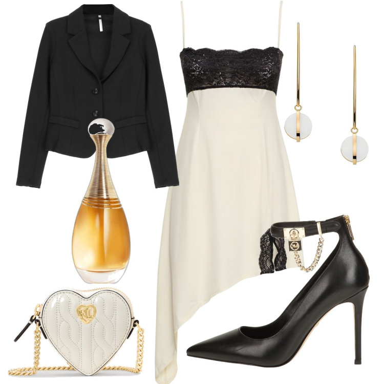 Outfit donna - Battesimo a maggio. Stile Chic per Cerimonia. Abbinamento con décolleté, orecchini, profumi, blazer, pochette, vestiti asimmetrici.
