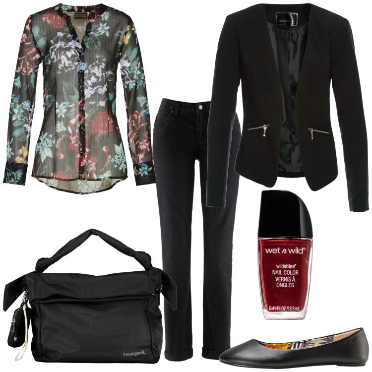Outfit donna - Mid season sale. Stile Casual chic per Tutti i giorni. Abbinamento con blazer, jeans dritti, ballerine, camicie, smalti, borse a spalla.