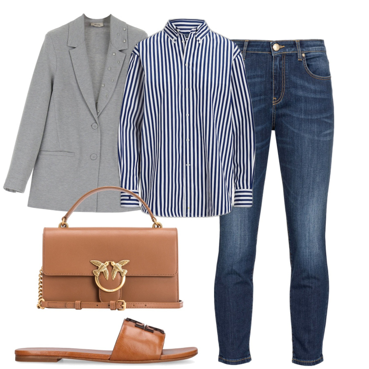 Outfit donna - City. Stile Casual chic per Tutti i giorni. Abbinamento con jeans, borse a tracolla, blazer, camicie, sandali in pelle.