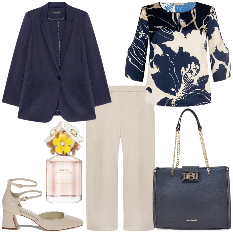 Outfit donna - In ufficio con Daisy. Stile Chic per Ufficio. Abbinamento con profumi, bluse, décolleté, pantaloni, blazer, borse a spalla.