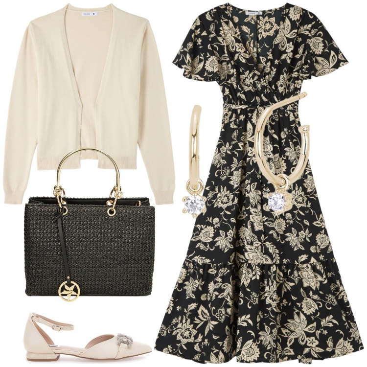 Outfit donna - Pranzo con amici. Stile Romantica per Tutti i giorni. Abbinamento con vestiti lunghi, cardigans, orecchini, borse a mano, ballerine.
