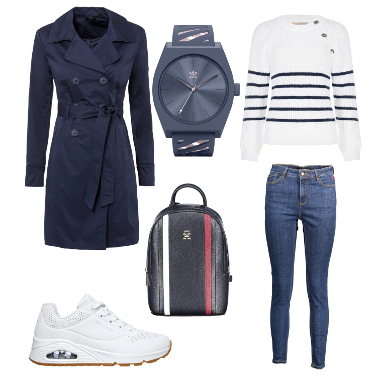 Outfit donna - Tutti i giorni. Stile Casual per Tutti i giorni. Abbinamento con trench, orologi, maglieria, sneakers, zaini, jeans.