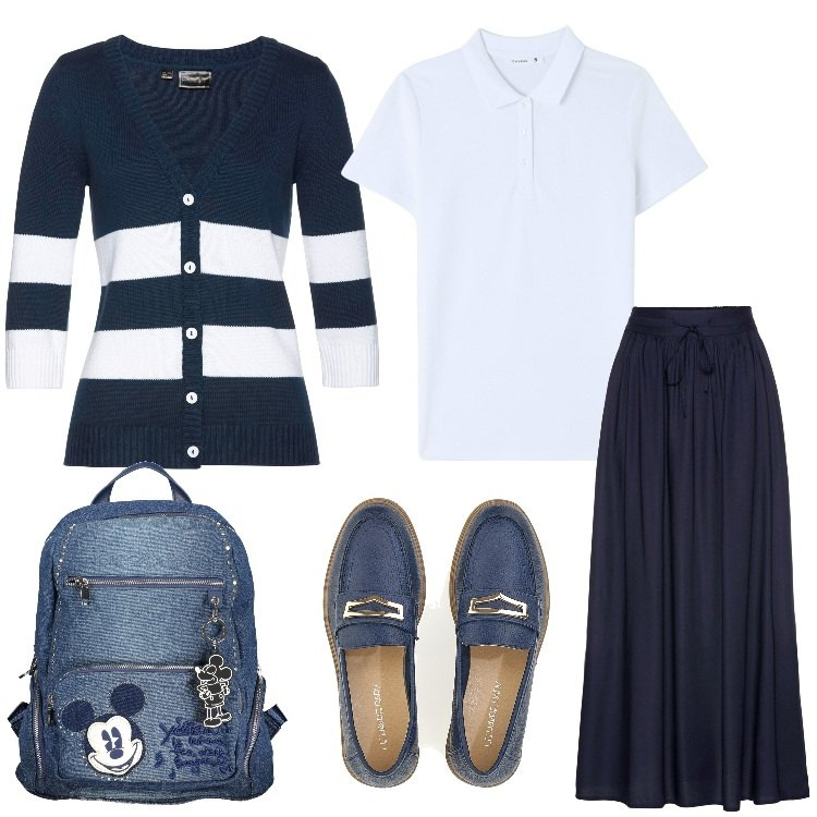 Outfit donna - Preppy ad aprile. Stile Preppy per Scuola/Università. Abbinamento con gonne lunghe, cardigans, polo, mocassini, zaini.