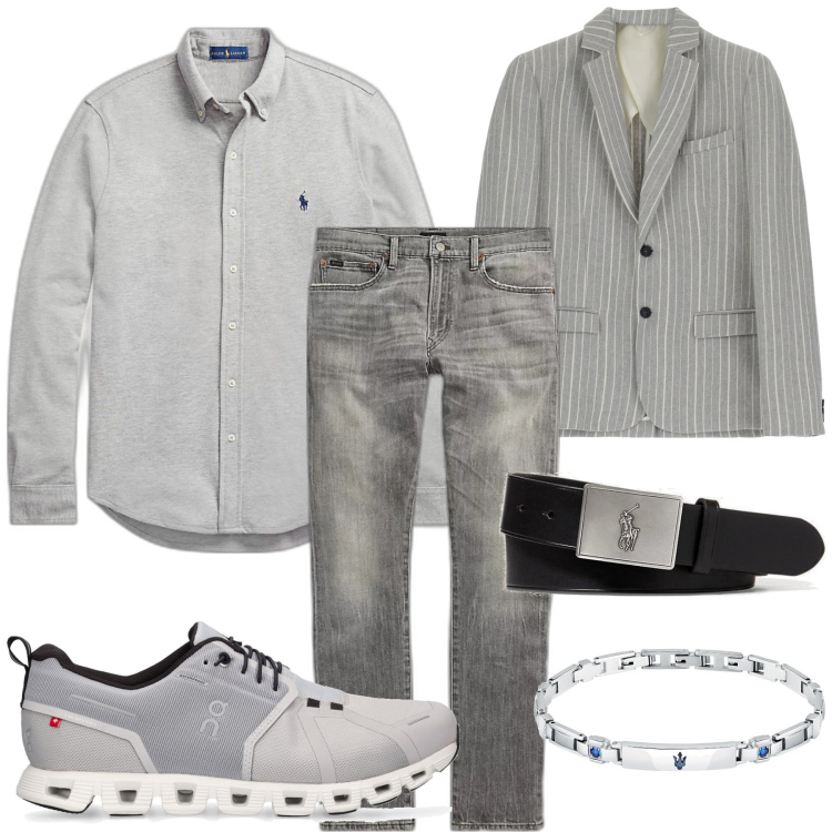 Outfit uomo - Brunch in grigii. Stile Casual per Tutti i giorni. Abbinamento con braccialetti, giacche, camicie, cinture, jeans, sneakers.