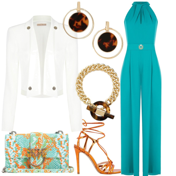 Outfit donna - La tuta stupenda. Stile Glamour per Cerimonia. Abbinamento con tute, blazer, borse a spalla, sandali in pelle, braccialetti, braccialetti.
