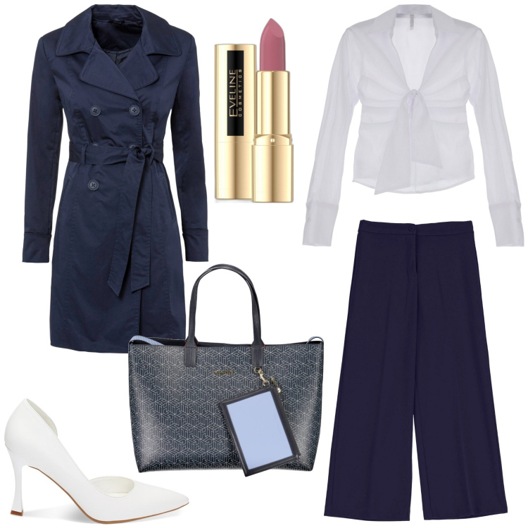 Outfit donna - Il trench per l\'ufficio. Stile Chic per Ufficio. Abbinamento con trench, rossetti, camicie, décolleté, pantaloni, borse a spalla.
