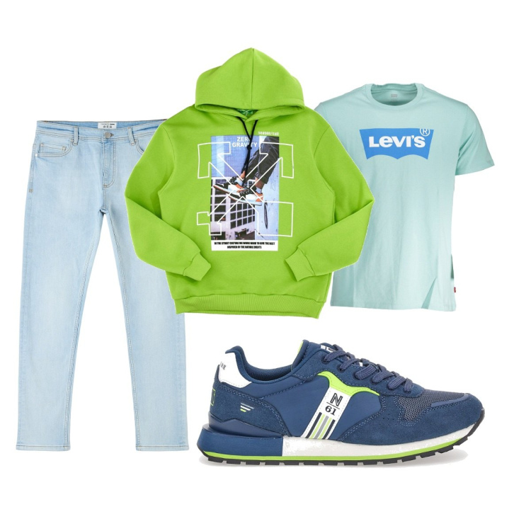Outfit uomo - Total look #1847577. Stile Casual per Tutti i giorni. Abbinamento con jeans skinny, felpe con cappuccio, sneakers, t-shirt.