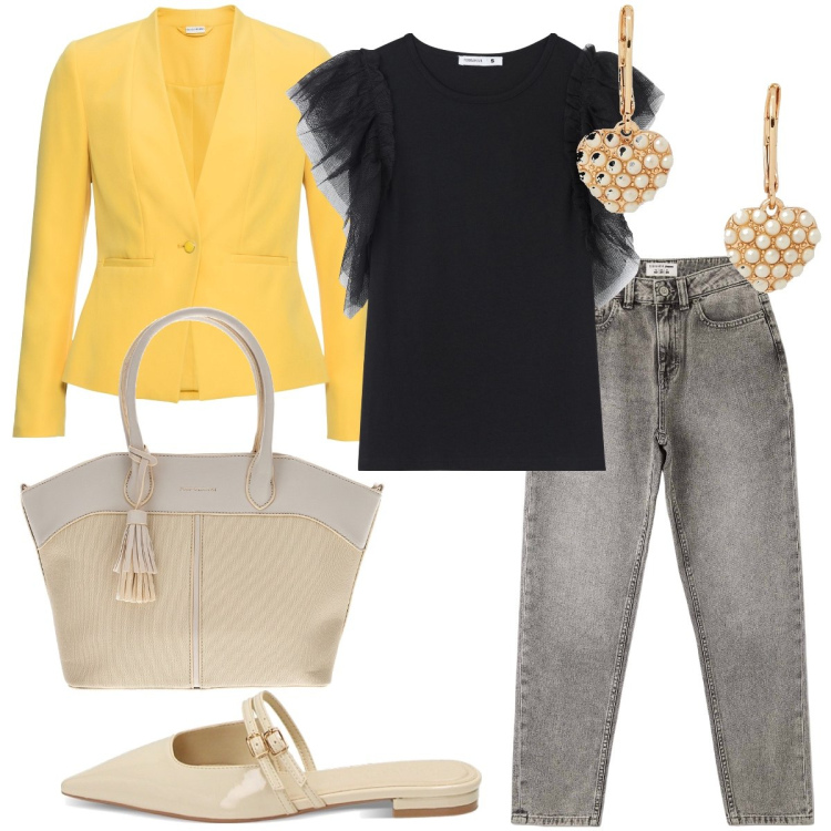Outfit donna - Piccolo budget , ottimo risultato. Stile Casual chic per Tutti i giorni. Abbinamento con blazer, t-shirt, jeans mom, sabot, orecchini, borse a spalla.