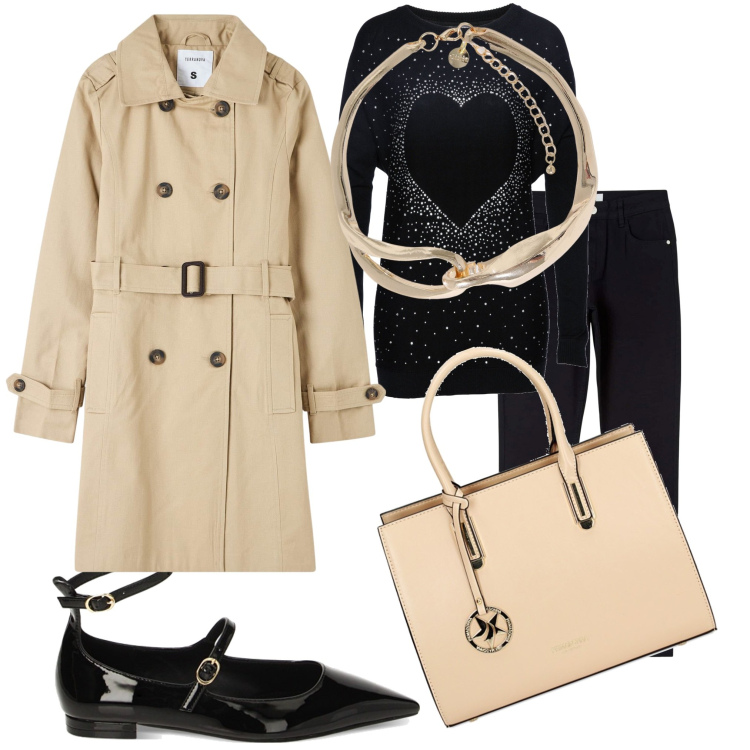 Outfit donna - Il trench. Stile Casual chic per Tutti i giorni. Abbinamento con pullovers, trench, pantaloni, ballerine, borse a mano, collane.