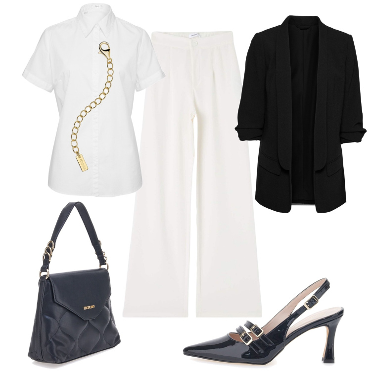 Outfit donna - Le décolleté per l’ufficio. Stile Glamour per Ufficio. Abbinamento con blazer, camicie a manica corta, pantaloni, collane, décolleté, borse a mano.