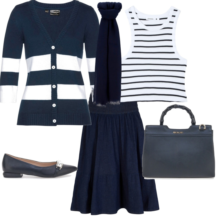 Outfit donna - Casual bianco e blu. Stile Casual chic per Ufficio. Abbinamento con cardigans, gonne, canottiere, foulard, ballerine, borse a mano.