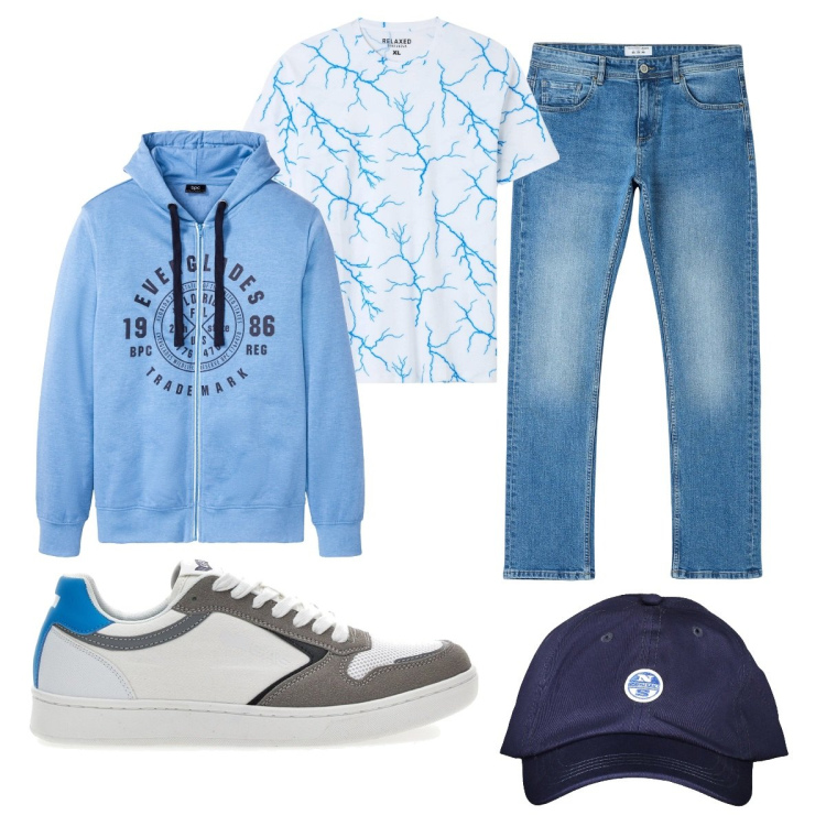 Outfit uomo - Total look #1847600. Stile Trendy per Tutti i giorni. Abbinamento con felpe con cappuccio, t-shirt, jeans dritti, sneakers, cappelli con visiera.