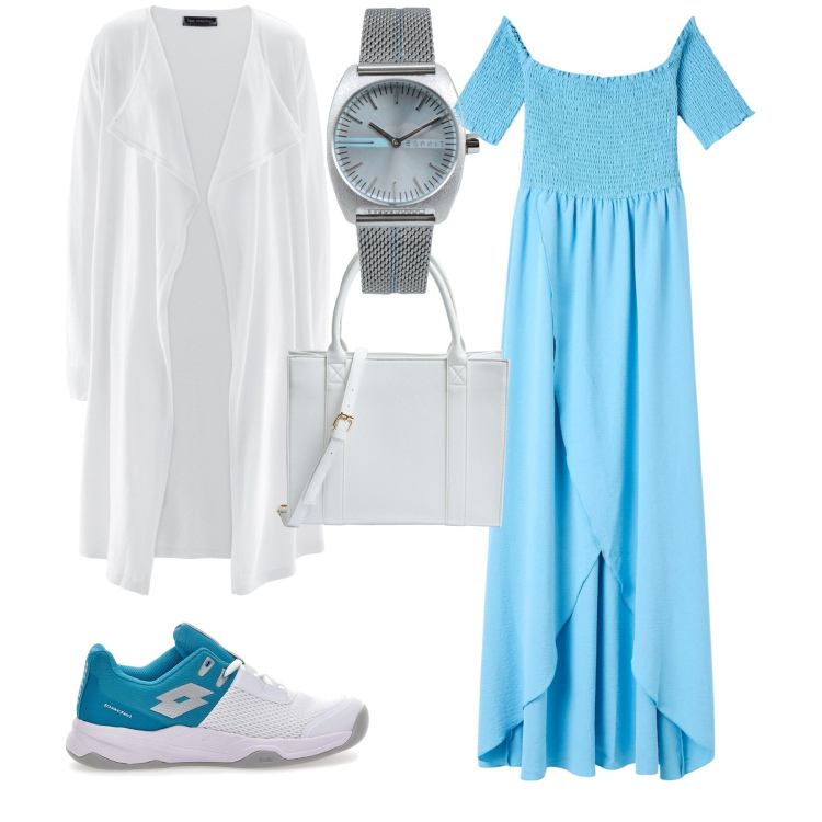 Outfit donna - Casual week end al mare. Stile Casual per Mare. Abbinamento con cardigans, orologi, vestiti lunghi, shopping bag, sneakers.