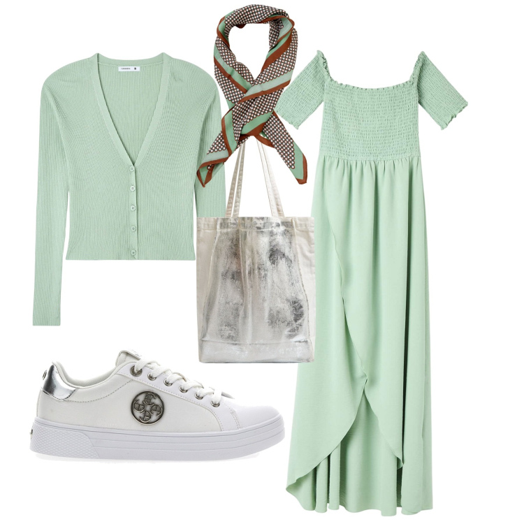 Outfit donna - Week end al mare. Stile Casual per Mare. Abbinamento con vestiti lunghi, shopping bag, cardigans, foulard, sneakers.