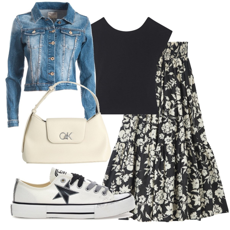 Outfit donna - La gonna a balze. Stile Basic per Tutti i giorni. Abbinamento con borse a mano, gonne lunghe, t-shirt, blazer, sneakers.