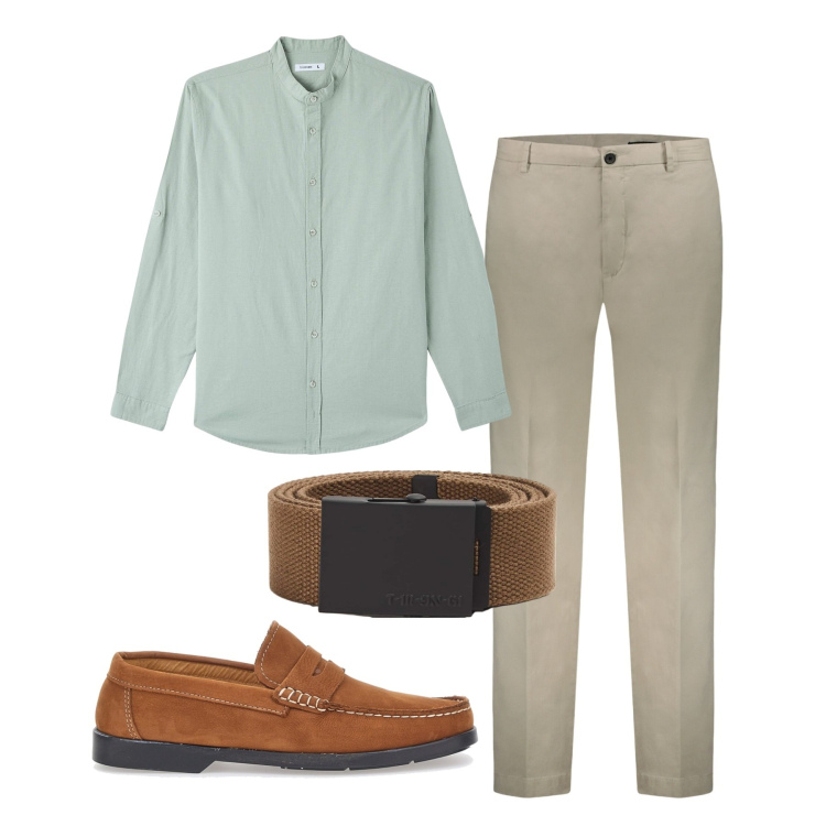 Outfit uomo - Pastello. Stile Casual per Tutti i giorni. Abbinamento con camicie, cinture, scarpe stringate, pantaloni.