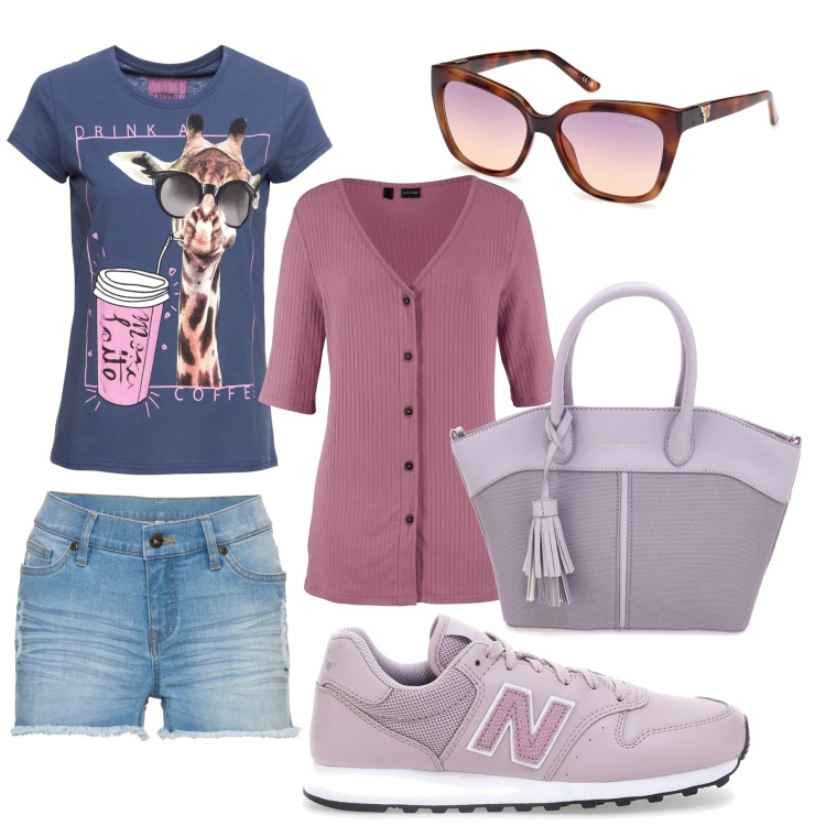 Outfit donna - Spensieratezza. Stile Urban per Tutti i giorni. Abbinamento con t-shirt, pullovers, shorts, borse a mano, sneakers, occhiali da sole.