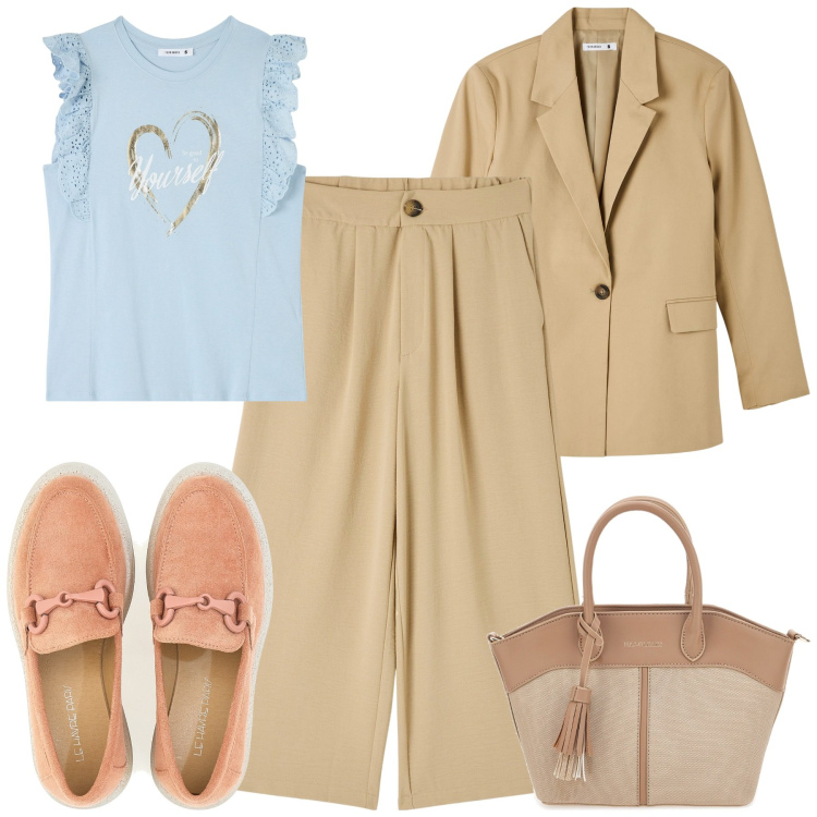 Outfit donna - City. Stile Basic per Tutti i giorni. Abbinamento con pantaloni a palazzo, blazer, t-shirt, mocassini, borse a mano.