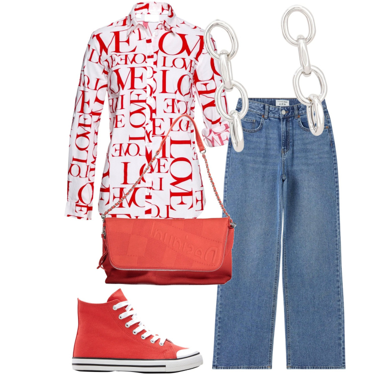 Outfit donna - Primavera. Stile Casual chic per Scuola/Università. Abbinamento con sneakers alte, camicie, jeans, orecchini, borse a mano.