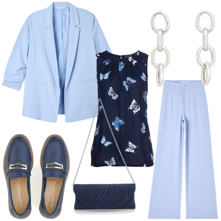 Outfit donna - Cerimonia low cost. Stile Casual chic per Cerimonia. Abbinamento con top, pantaloni, blazer, orecchini, mocassini, pochette.