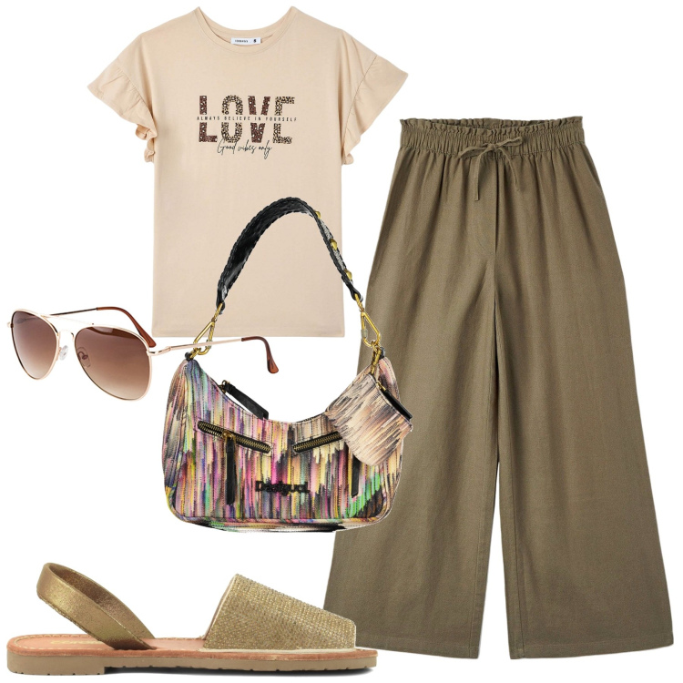 Outfit donna - City. Stile Casual per Tutti i giorni. Abbinamento con occhiali da sole, pantaloni, t-shirt, sandali in pelle, borse a spalla.