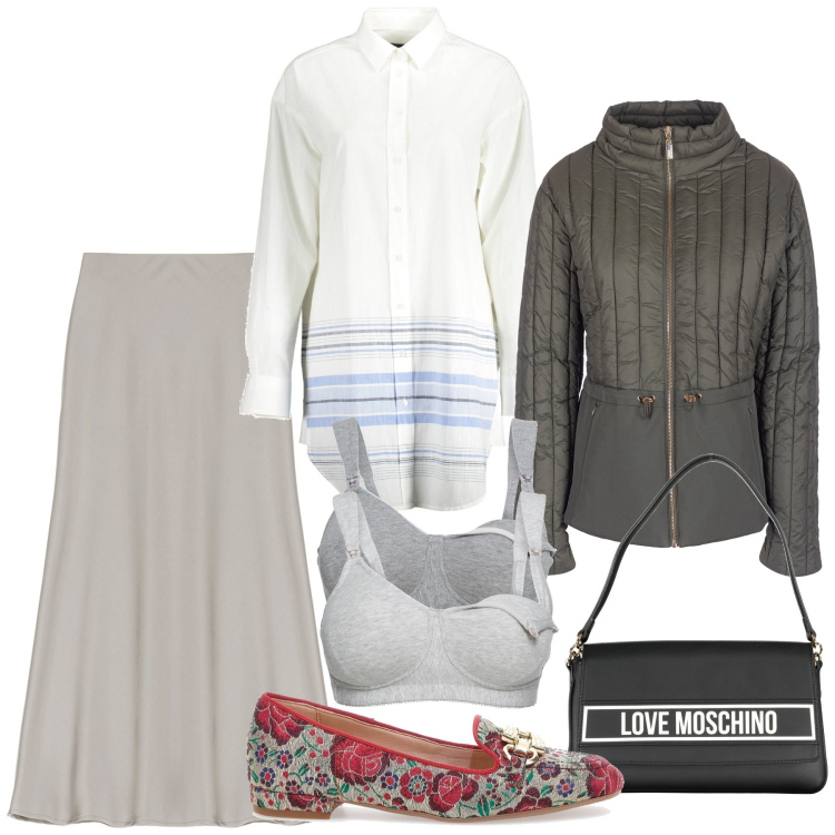 Outfit donna - Total look #1847656. Stile Chic per Ufficio. Abbinamento con reggiseni, piumini, gonne longuette, mocassini, camicie, borse a spalla.