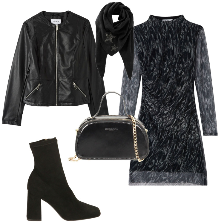 Outfit donna - Rock chic. Stile Rock per Serata fuori. Abbinamento con foulard, blazer, vestiti, stivaletti, borse a mano.