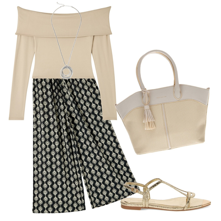 Outfit donna - Senza pensieri. Stile Casual per Tutti i giorni. Abbinamento con collane, pantaloni a palazzo, t-shirt, sandali, borse a spalla.