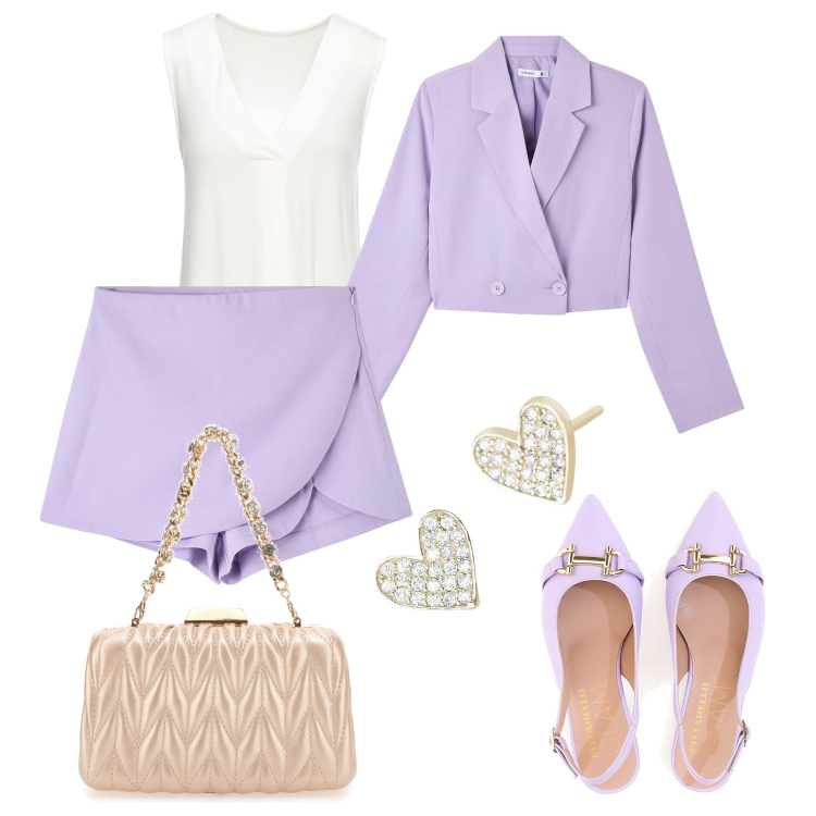 Outfit donna - Ballerine Chanel al compleanno. Stile Glamour per Cerimonia. Abbinamento con top, gonne, blazer, orecchini, ballerine, pochette.