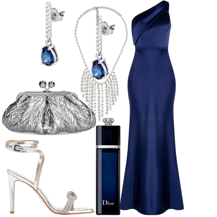Outfit donna - Gran soire. Stile Glamour per Cerimonia. Abbinamento con orecchini, profumi, sandali in pelle, vestiti asimmetrici, collane, pochette.