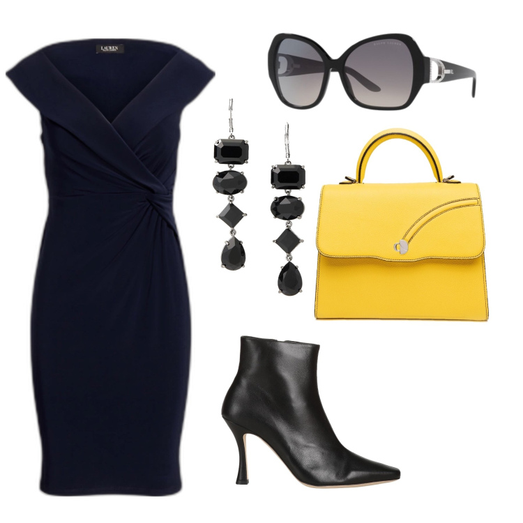 Outfit donna - Black and yellow. Stile Chic per Serata fuori. Abbinamento con stivaletti, occhiali da sole, vestiti, orecchini, borse a mano.