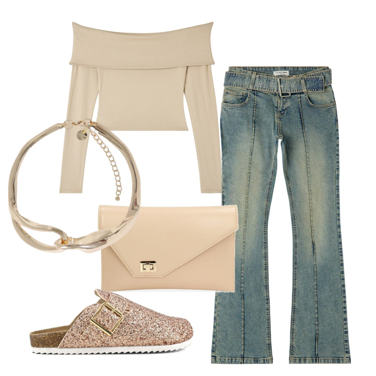 Outfit donna - Lo scollo a barca. Stile Casual chic per Tutti i giorni. Abbinamento con jeans a zampa, t-shirt, pochette, collane, sabot.