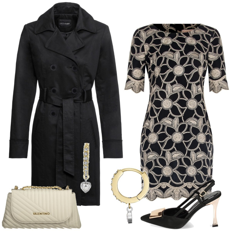 Outfit donna - Cerimonia. Stile Chic per Cerimonia. Abbinamento con trench, orecchini, vestiti corti, décolleté, borse a tracolla.