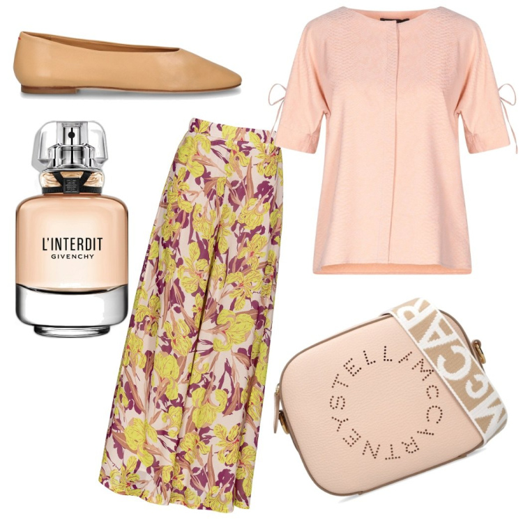 Outfit donna - In rosa tenue. Stile Chic per Ufficio. Abbinamento con camicie a manica corta, profumi, pantaloni a palazzo, ballerine, borse a spalla.
