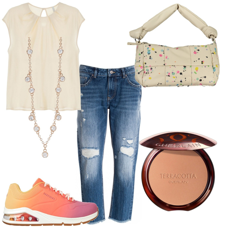 Outfit donna - Aprile. Stile Trendy per Tutti i giorni. Abbinamento con terre, collane, jeans strappati, top, sneakers, collane.