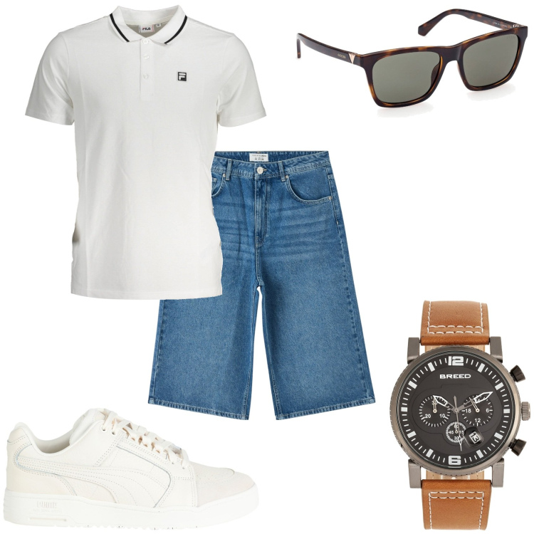 Outfit uomo - Bermuda e polo. Stile Urban per Tutti i giorni. Abbinamento con sneakers, orologi, pantaloni corti, polo, occhiali da sole.