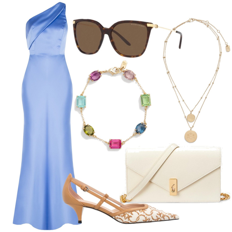 Outfit donna - Sboccia la moda in primavera. Stile Chic per Cerimonia. Abbinamento con décolleté, vestiti asimmetrici, ciondoli, occhiali da sole, braccialetti, clutch.