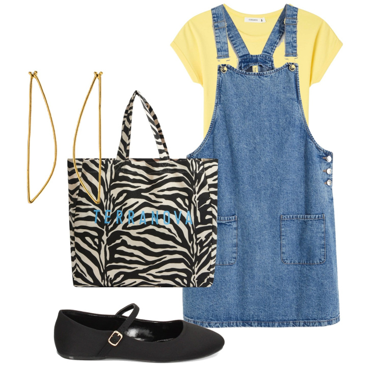 Outfit donna - Salopette. Stile Bon Ton per Scuola/Università. Abbinamento con salopette, ballerine, orecchini, borse tote, t-shirt.