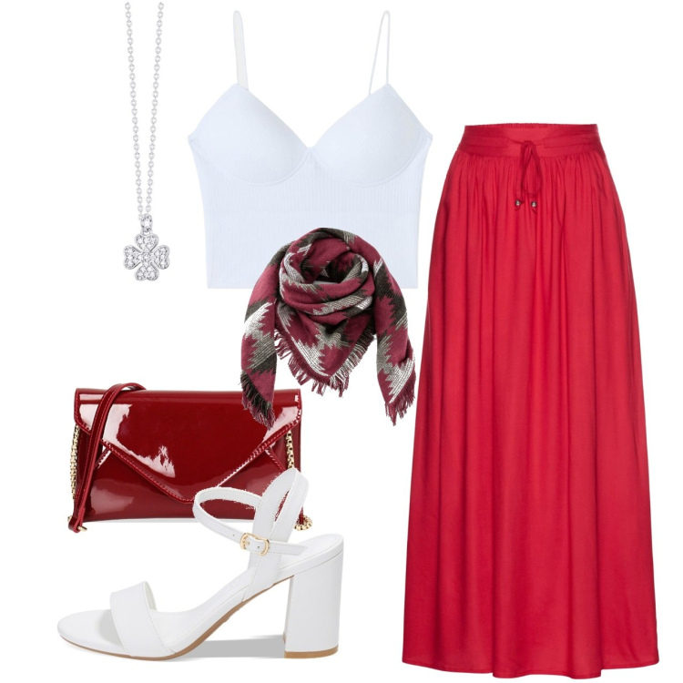 Outfit donna - Maxi gonna con coulisse. Stile Trendy per Tutti i giorni. Abbinamento con gonne lunghe, foulard, top, collane, sandali col tacco, pochette.