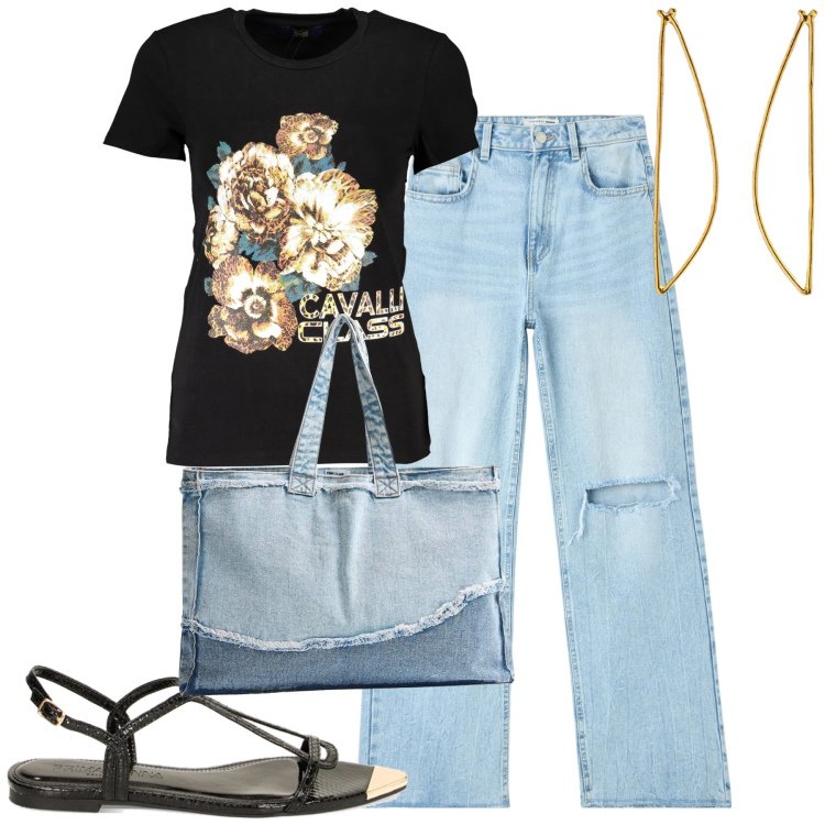 Outfit donna - City. Stile Casual per Tutti i giorni. Abbinamento con jeans strappati, shopping bag, sandali, t-shirt, orecchini.