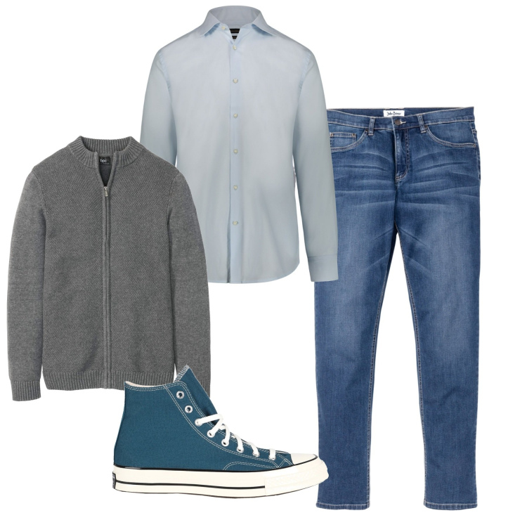 Outfit uomo - Cardigan ad aprile. Stile Casual per Tutti i giorni. Abbinamento con jeans, cardigans, sneakers alte, camicie.